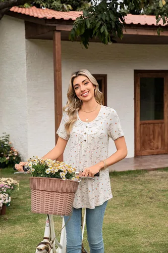 Vista 4 de POPYOUNG Women's Summer Tops Short Sleeve Tunic Loose Fitting Henley Shirts Button Down Blouses