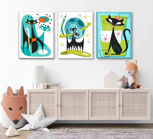Vista 4 de 3 piezas de arte de pared enmarcado de gatos atómicos, conjunto de pinturas abstractas de futurismo retro de mediados de siglo, azul verde naranja