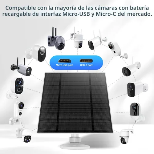 Vista 7 de Panel Solar de 5W de 2 Piezas para Cámara de Seguridad, Panel Solar con Puerto Micro USB y USB-C para Cámara para Exteriores con Batería Recargable