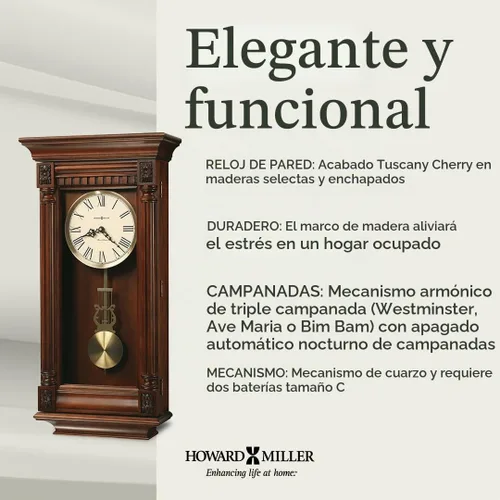 Vista 5 de Howard Miller Lewisburg - Reloj de pared de madera Péndulo de lira, campanilla Westminster, números romanos, funciona con pilas, decoración