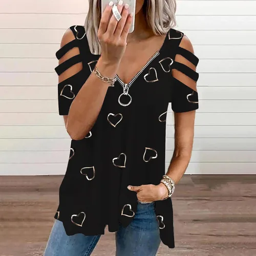 Vista 2 de Blusa de verano con hombros descubiertos para mujer talla grande sexy de corte bajo cuello en V con tirantes delgados para verano con vuelo Negro