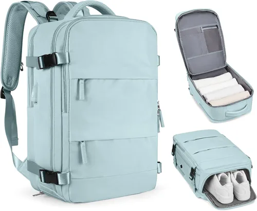 Vista 14 de Mochila de viaje grande, bolsa de mano, aprobada para aviones, para artículos personales, para hombre o mujer, color beige con marrón