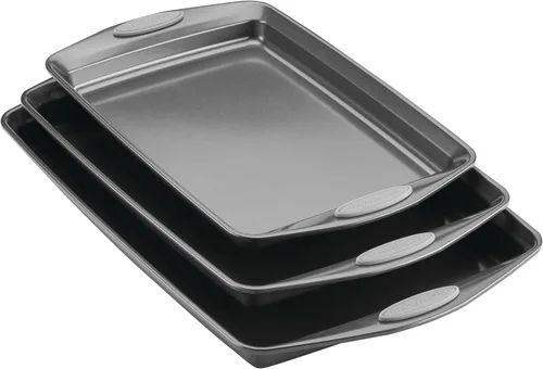 Vista 16 de Rachael Ray Bakeware - Juego de bandejas antiadherentes para galletas, 3 piezas, gris con agarres azul agave