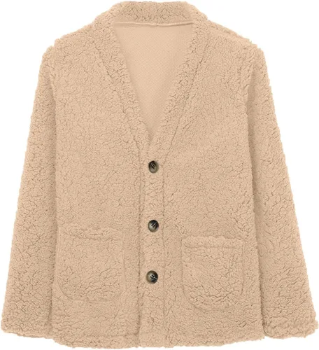 Vista 4 de BAXLIMEK Cárdigan de sherpa mullido para mujer, otoño e invierno, moderno, liso, con botones, abrigos de piel mullida, chaquetas suaves de manga