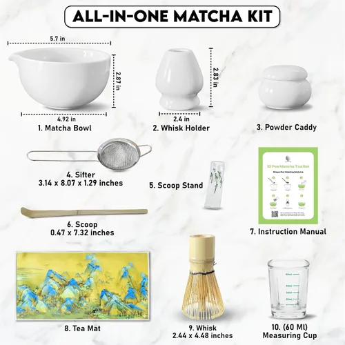 Vista 2 de Juego de 10 batidores Matcha Kit completo de té Matcha con cuenco de cerámica de 17 onzas, batidor y cuchara de bambú, soporte para batidor, tamiz