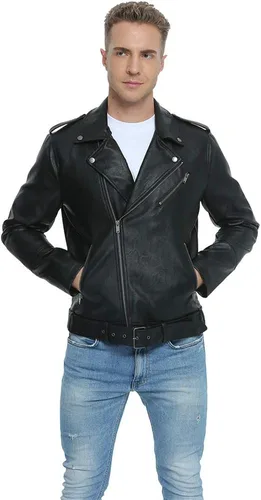 Vista 4 de Fahsyee Leather Jackets for Men, Faux Bomber Jacket Men Motorcycle Lapel Asymmetric Zip-Up Blet Slim Fit Biker Coat