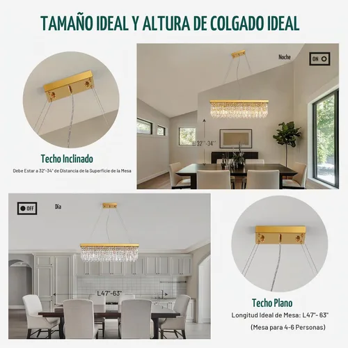 Vista 7 de Siljoy Candelabro de Cristal Moderno de 6 Luces Rectangular Dorado K9 Candelabro de Cristal en Forma de Gota de Lluvia para Comedor, Lámpara