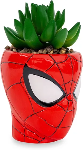 Vista 2 de Toynk Marvel Comics Spider-Man Web-Head - Mini maceta de cerámica de 3 pulgadas con suculentas artificiales, maceta pequeña, plantas