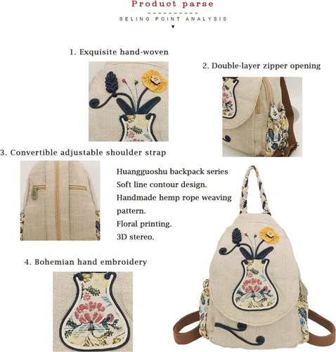Vista 117 de HUANGGUOSHU Mochila de algodón tejida de algodón bohemio con bordado de lona estilo bohemio con múltiples bolsillos retro linda mochila cartera