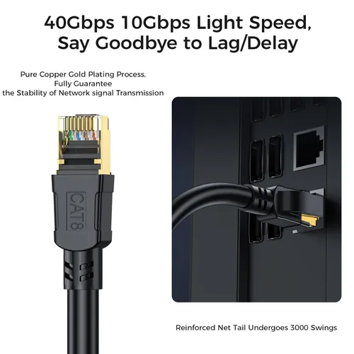 Vista 4 de Cable Ethernet Cat 8 de 50 pies, cable de conexión LAN de alta velocidad de 40 Gbps 2000 Mhz con conector RJ45 chapado en oro, cable de Internet