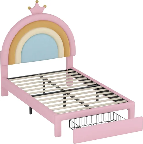 Vista 6 de Cama tapizada con diseño de arcoíris, cama de plataforma de princesa de terciopelo con cajón de almacenamiento, para niños, adolescentes, niños