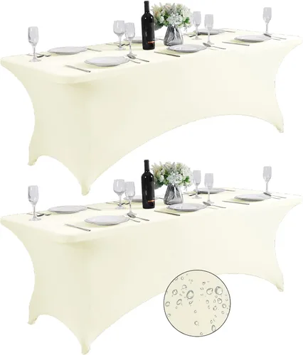 Vista 11 de SuperO - Paquete de 2 manteles de elastano impermeables para mesas de 6 pies, mantel elástico universal ajustable para fiestas, banquetes, bodas