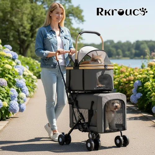 Vista 8 de Cochecito plegable doble para mascotas para perros, cochecitos portátiles para gatos para mascotas pequeñas y medianas con transportadores Negro