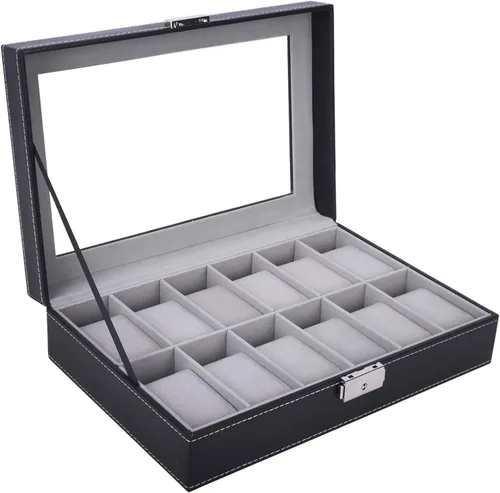 Vista 2 de AUTOARK Caja de reloj de cuero, 12 relojes, organizador de joyas, negro, AW-040