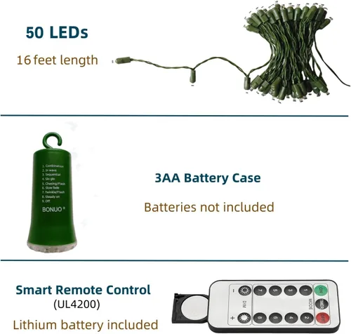 Vista 2 de Luces de Navidad a pilas, 16 pies, 50 unidades, mini luces LED con temporizador remoto, 8 modos para interiores y exteriores, árbol, jardín, corona