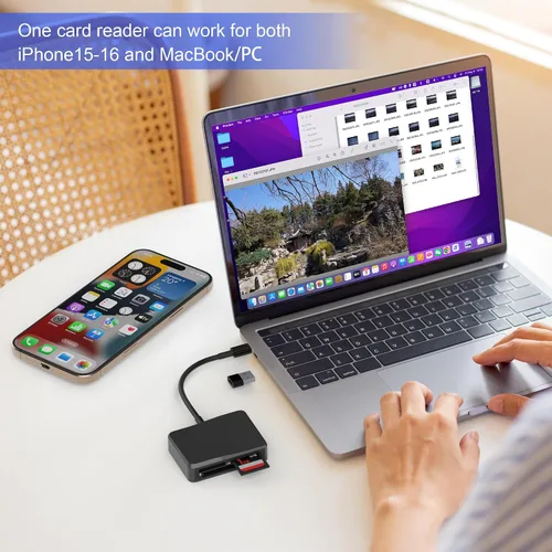 Vista 6 de Lector de tarjetas SD, 4 en 1 USB C a SD/TF/CF/MS lector de tarjetas con adaptador USB a USB C, lector de tarjetas de memoria para iPhone 17/16/15