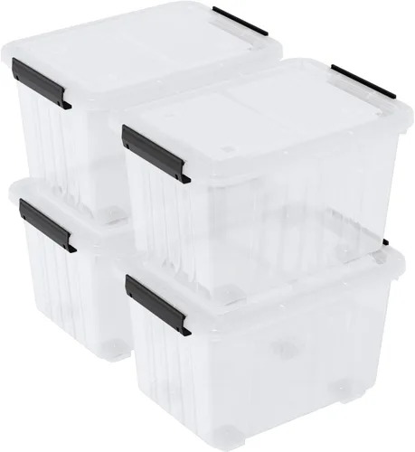 Vista 9 de Paquete de 4 cajas de almacenamiento de plástico, contenedores de almacenamiento con tapa con asa, 20 L, transparentes