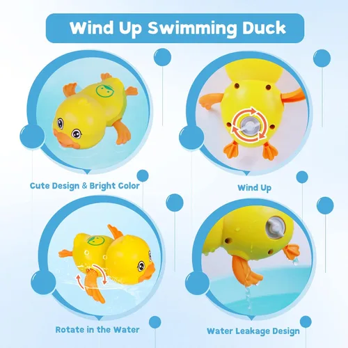 Vista 3 de Cuterabit Juguetes de baño para bebés, tortuga y pato flotantes de cuerda para natación, juguetes para la bañera, juguetes de piscina, juguetes