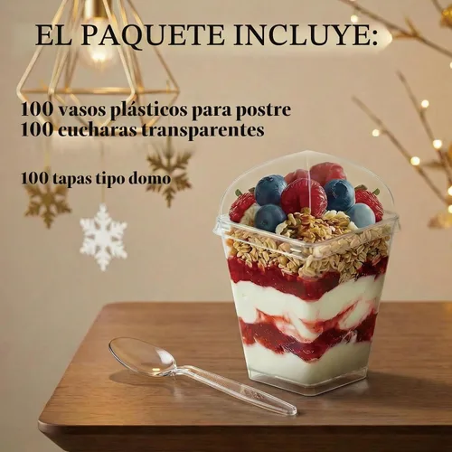 Vista 4 de Hiasobre Paquete de 100 vasos de postre de plástico transparente de 5 onzas con tapas y cucharas, tazas cuadradas reutilizables para aperitivos
