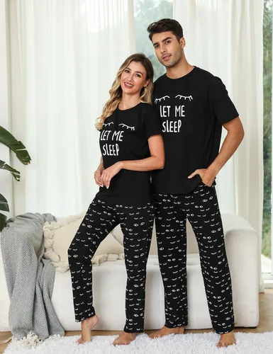 Vista 5 de EISHOPEER Bonito conjunto de pijama para mujer estampado, manga corta, pantalones largos, pijamas