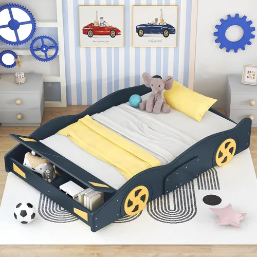 Vista 10 de Merax Cama de plataforma en forma de coche de carreras con ruedas y almacenamiento, marco de cama de madera de tamaño individual negro+amarillo, sin
