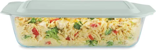 Vista 8 de [Usado] Pyrex Plato para hornear de vidrio profundo con tapa de plástico, cazuela profunda, recipiente de alimentos de vidrio, apto para horno