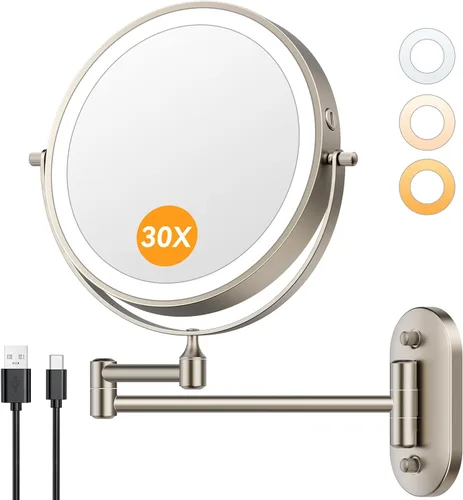 Vista 10 de Auxmir Espejo de maquillaje montado en la pared 1X/30X, espejo de aumento 8 in - negro