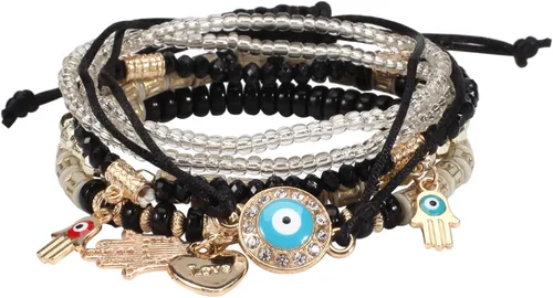 Vista 8 de Budsmile Pulseras bohemias de cuentas elásticas para mujeres y niñas, juego de pulseras apilables en múltiples capas, dijes multicolor hechos a
