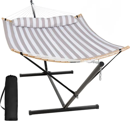 Vista 19 de SUNCREAT Hamaca doble con soporte incluido, hamaca portátil con soporte y almohada grande, rayas azules Rayas A-blue