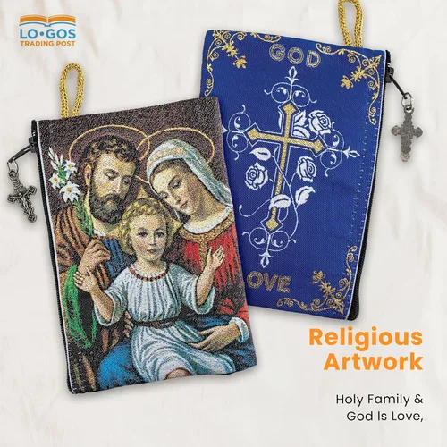 Vista 5 de TREE OF LIFE REV. 2214 Bolsa de rosario católico, Holy Family & God is Love, 4 x 6 pulgadas, joyería y monedero con cruz, pequeña bolsa de icono