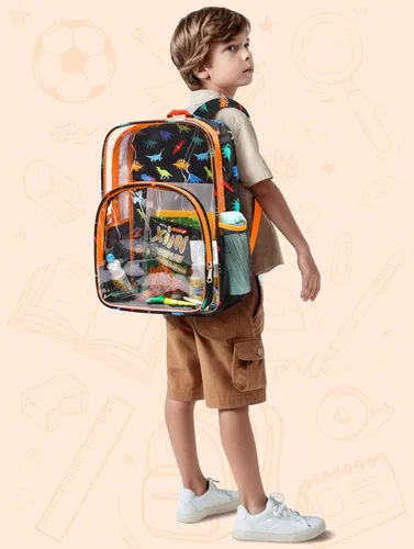 Vista 7 de BLUEFAIRY Mochila transparente para escuela, estadio, mochila transparente aprobada para niños, resistente PVC, bolsa grande transparente, Naranja