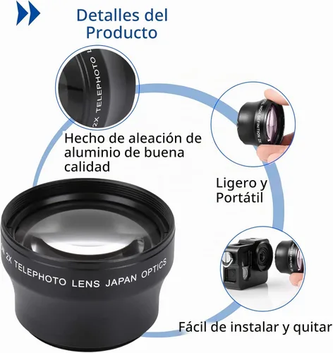 Vista 4 de Lente telefoto 2X, lente convertidor HD de aumento para cámara de montaje de 1.457 in, doble zoom de cámara predeterminado