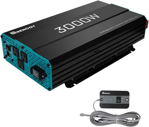 Vista 2 de Renogy Inversor de onda sinusoidal pura de 3000 W, convertidor de 12 V CC a 120 V CA y 2 paneles solares de 100 vatios monocristalinos de 12