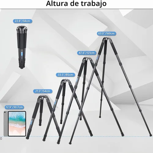 Vista 7 de ARTCISE Trípode de fibra de carbono AS88C con cuenco de 2.953 in y adaptador, trípode para cámara resistente, 10 capas, tubo de pierna de 1.417 in