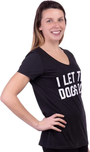 Vista 3 de Camiseta con cuello en V para mujer con texto en inglés "I Let The Dogs Out