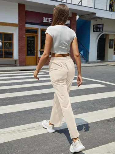 Vista 9 de keriffe Pijamas casuales para mujer, pantalones de yoga de pierna ancha, cintura alta, cordón ajustable, pantalones deportivos de entrenamiento
