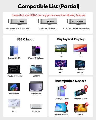 Vista 8 de Cable USB C a DisplayPort 1.4 de 1 pie, 8K a 60 Hz, cable corto USBC a DisplayPort 1.4 4K a 240 Hz compatible con Thunderbolt 5/4/3, MacBook