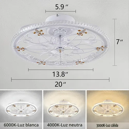 Vista 5 de Ventilador de techo enjaulado blanco con luces y control remoto, ventilador de techo industrial de granja con luz para cocina, dormitorio, sala