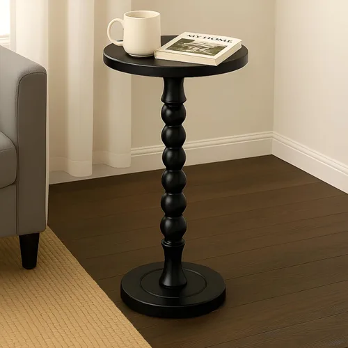 Vista 2 de Mesa auxiliar redonda para espacios pequeños, mesa de bebidas con pedestal de madera de roble, mesa auxiliar moderna para sala de estar, dormitorio