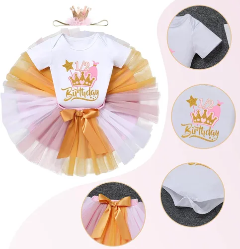 Vista 2 de IDOPIP Traje de cumpleaños 12 para niñas con corona de bebé, falda tutú, corona de lentejuelas, diadema para decoración de fotos de pastel