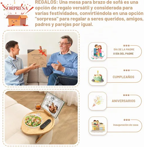 Vista 7 de SINWANT Mesa de brazo de sofá, mesa grande de bambú con clip para sofá con soporte para teléfono de 360°, mesa plegable para reposabrazos de sofá