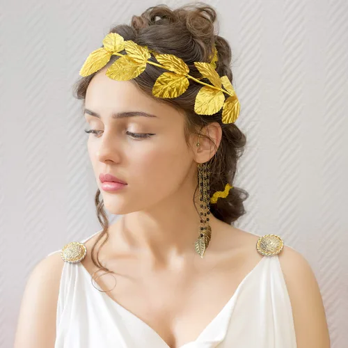Vista 4 de meekoo Diadema de corona de laurel, corona de laurel, hoja romana, diadema griega dorada, diosa, toga, decoración de disfraz para mujeres y hombres