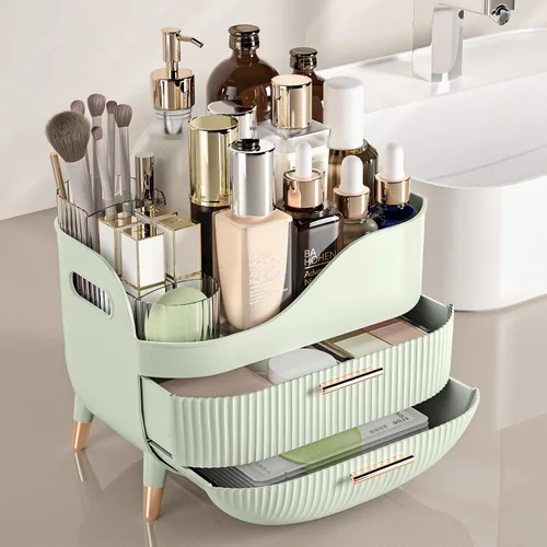 Vista 2 de Pajiriona Organizador de maquillaje con cajones, organizador de cuidado de la piel para tocador, caja de almacenamiento con asa, vitrina grande