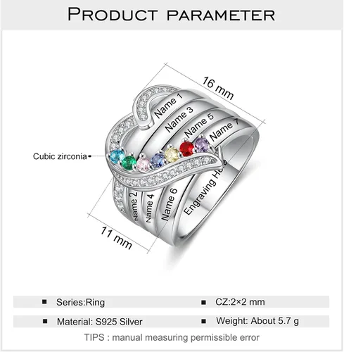 Vista 3 de Anillos de aniversario con nombres personalizados para mujer, joyería de plata de ley con 1-8 piedras natales de imitación, anillo de promesa