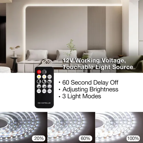 Vista 2 de Tira de luces LED blancas de 20 pies con control remoto, tira de luz LED regulable de 6500 K de 12 V, 360 luces LED flexibles para dormitorio