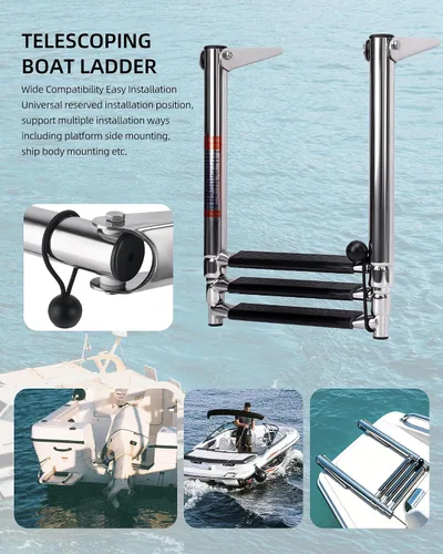 Vista 7 de Escalera telescópica para barco de 3 escalones, acero inoxidable 316 de grado marino, capacidad de 900 libras, peldaños antideslizantes y pasamanos