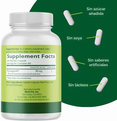 Vista 3 de BESTVITE Pycnogenol 50mg (60 cápsulas) - Extracto de corteza de pino