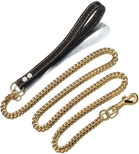 Vista 5 de Cadena Fuerte para Perro Correa Dorada Larga 3FT 4FT 5FT Acero Inoxidable 18K 12mm (0.472 in) Eslabón Cubano Bordillo Correa para Perro con Mango