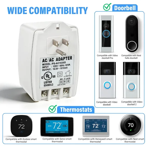 Vista 4 de 1 paquete de transformador de timbre de 16.5 V 30 VA enchufable compatible con Ring, Nest, Ecobee, transformador de timbre de 16.5 voltios