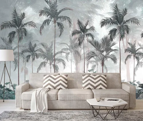 Vista 2 de Papel pintado de bosque tropical, palmera, mural de pared para dormitorio